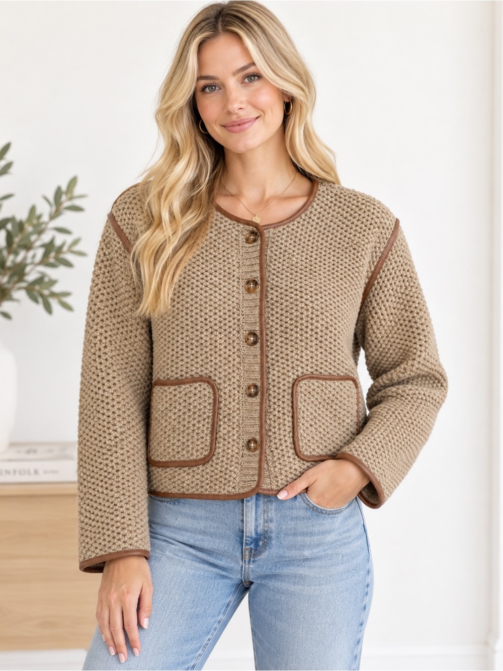 House of Harlow 1960 Beige Knit Cardigan Jacket Brown Trim Size Small New